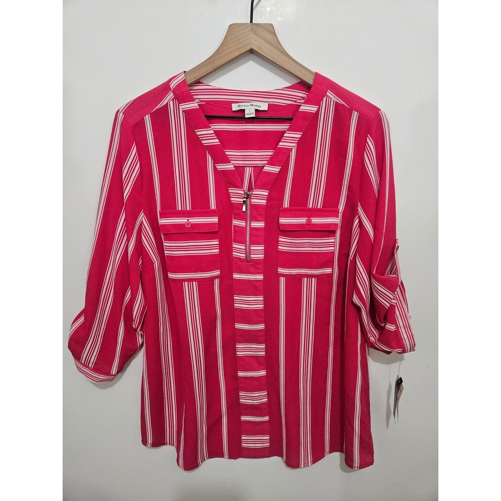 Studio Works Pink White Striped Zip Neck Roll Tab Sleeve Blouse Womens Large NWT
